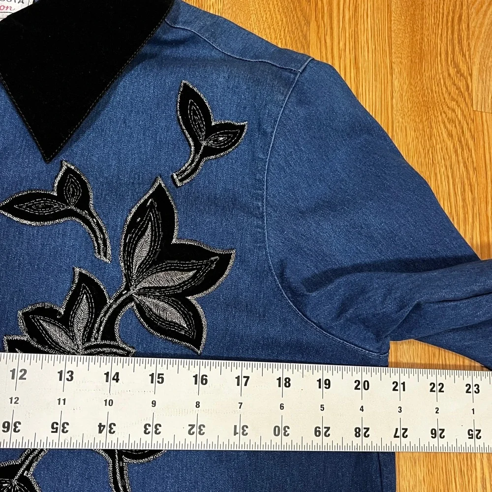 Vintage Victor Costa Occasion Denim Shirt M Blue Black Velvet Floral Beaded